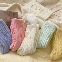 5 đôi tất họa tiết xoắn màu pastel, tất dài đến bắp chân bằng vải nhung phong cách đại học dễ thương cho mùa thu và đông, tất nữ - Nhiều màu - Xem 5