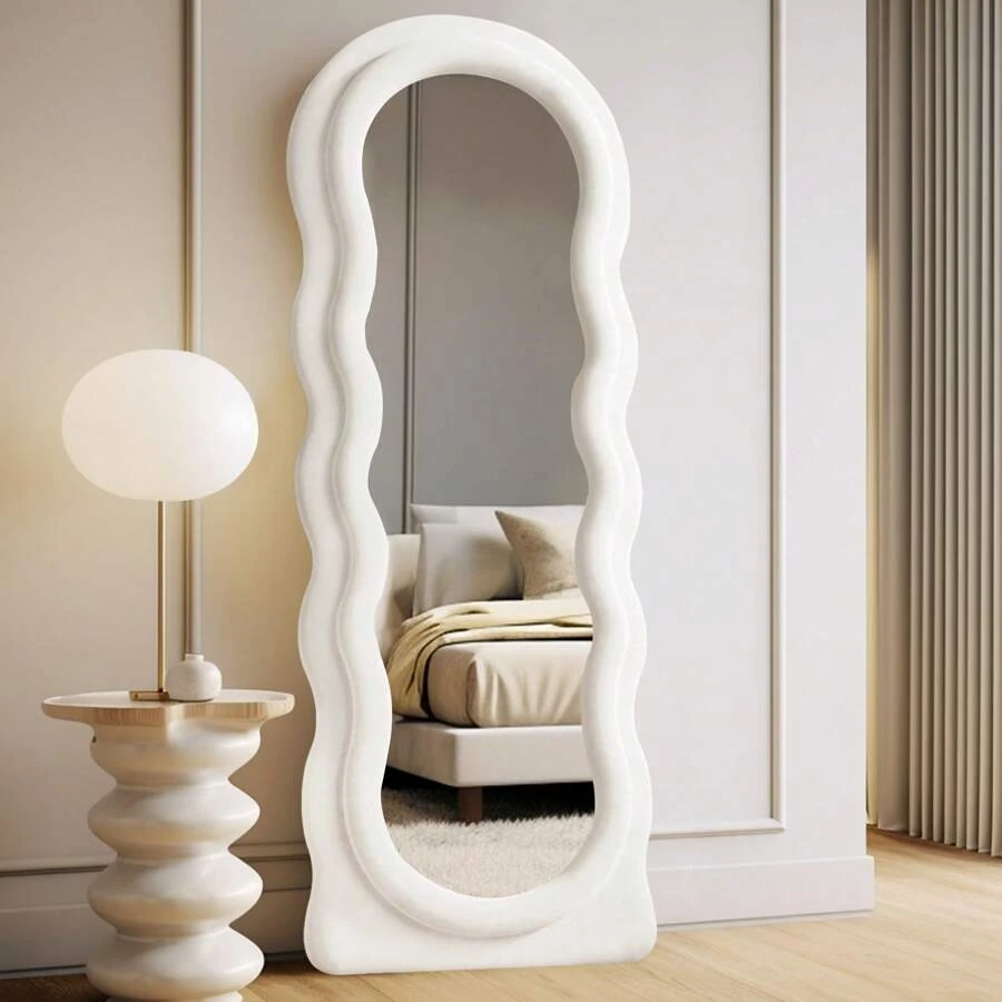 Full Length Mirror Irregular Full Body Mirror Wall Mounted Floor Mirror With Stand Pink Flannel Frame Leaning Hanging Wall Mirror For Bedroom Entrance - 波浪象牙色 - 查看 1