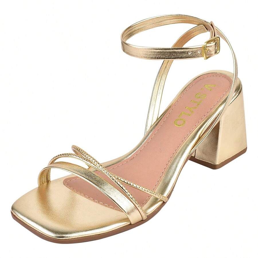 V.Stylo Geometric Block Heel Sandal With Thin Strap - Vàng - Xem 1