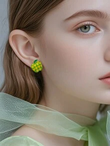 1 对黄色和绿色对比心形苹果形彩色耳环，适合日常女士首饰 - 蘋果 - 查看 2