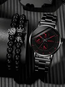 3pcs/Set Fashionable Multi-Purpose Men's Steel Band Quartz Watch With Lion Crown Bead Bracelet Set, Suitable For Business, Party And Daily Wear, Best Gift For Men - Black - View 4