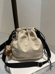 1pc Plush Pendant Accessory Included, 1pc Nylon Solid Color Drawstring Bucket Bag, Crossbody Shoulder Bag For Women, Fashion - Beige - View 10