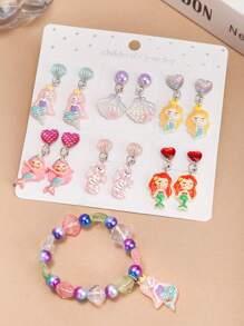 13PCS Girls Color Clip-On Earring Bracelet Accessory Set, Cute Cartoon Butterfly Mermaid Shell Pretend Princess Jewelry No Earring Earring Game Earring Earring Earring Pad, Suitable For Birthday Party Gifts And Daily Use