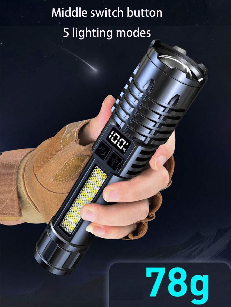 1pc Strong Light LED Flashlight,Battery Display, COB Side Light, Plastic Rechargeable Portable Type C Charging Lamp Long-Range Telescopic Zoom Outdoor For Camping, Hiking, Hunting And Emergencies, Camping Accessories