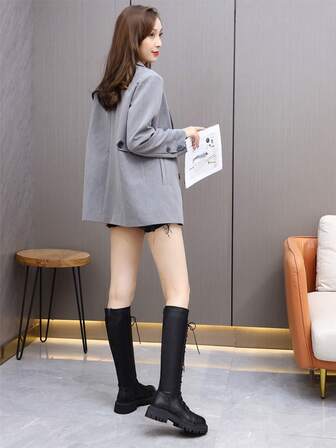 2025年秋季新款棕色女士过膝靴，平底，过膝，系带，修身，加大码43，高筒靴