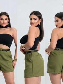 WOMEN'S TAILORED SHORTS WITH BLACK LEATHER BELT - 橄欖綠 - 查看 1