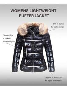 Womens Lightweight Jacket, Winter Coats For Women Warm Quilted Bubble Padded Hood Coat With Faux Fur Collar - màu đen - Xem 5