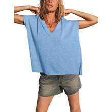 Womens V Neck Cap Sleeve Sweater Tops Summer Casual Loose Fit Side Split Basic Clothes Shirts
