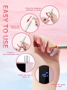 Portable Electric Nail Grinder, Rechargeable 40000RPM Nail File Nail Drill Pen Brushless Motor Manicure Machine Kit With Long Battery Life, Professional Nail Art Polish & Cuticle Remover Machine Set, Toenail Grinder Nail Polishing Equipment Nails Appliance Manicure Pedicure Kit Accessory Nail Art Tool For Acrylic Nail Salon & Home Use - Pink - View 9