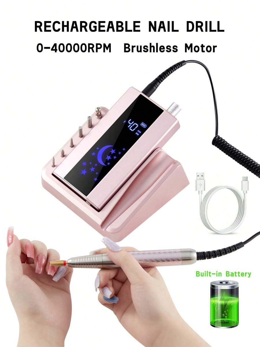 Portable Electric Nail Grinder, Rechargeable 40000RPM Nail File Nail Drill Pen Brushless Motor Manicure Machine Kit With Long Battery Life, Professional Nail Art Polish & Cuticle Remover Machine Set, Toenail Grinder Nail Polishing Equipment Nails Appliance Manicure Pedicure Kit Accessory Nail Art Tool For Acrylic Nail Salon & Home Use - Pink - View 1