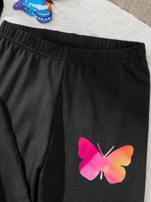 2pcs/Set Summer Fashionable Teen Girls Heart & Butterfly Print Short Sleeve Top And Solid Color Pants Set, Comfortable Daily Casual Outfit
