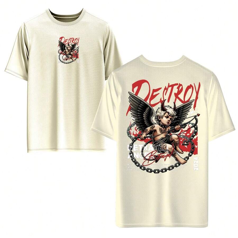 Men's T-Shirt 100% Cotton, Front And Back, Colorful Digital Print, High Resolution, Unisex, Round Neck. - 香檳色 - 查看 1