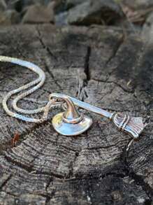 1pc Gothic Style Witch Hat, Broomstick, Geometric Pendant Necklace, Suitable For Any Occasion - Silver - View 4