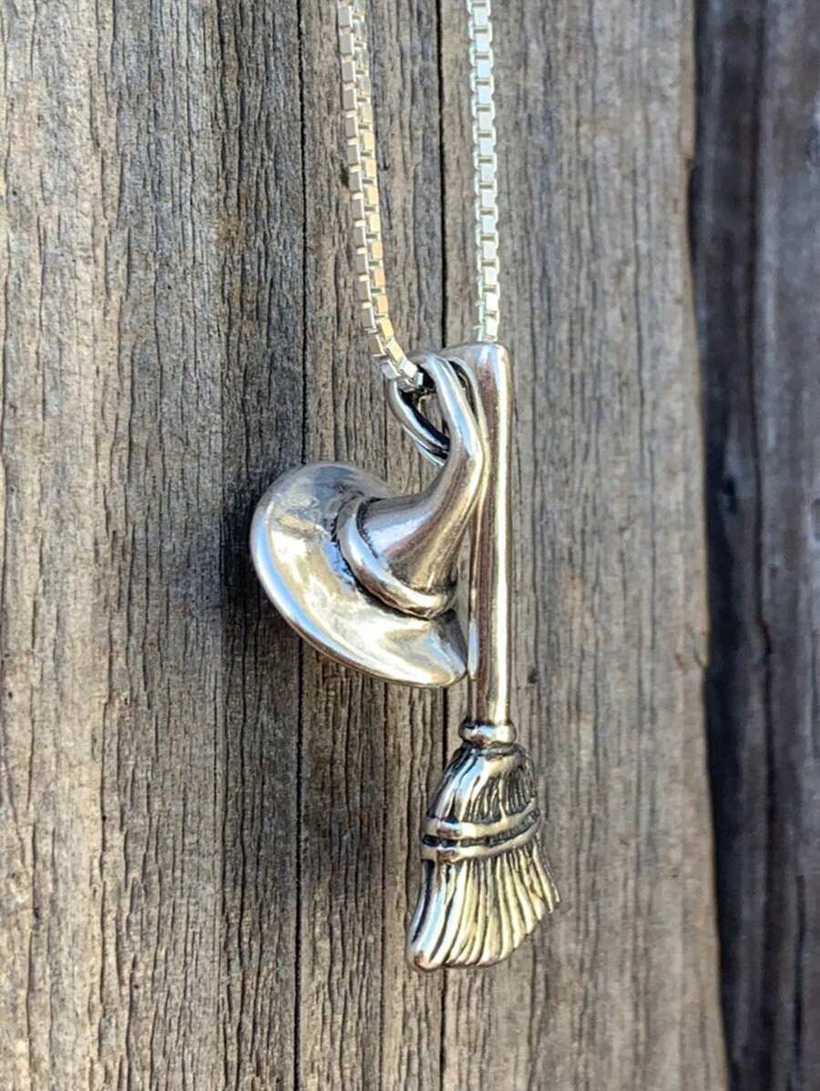 1pc Gothic Style Witch Hat, Broomstick, Geometric Pendant Necklace, Suitable For Any Occasion - Silver - View 1