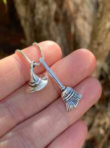 1pc Gothic Style Witch Hat, Broomstick, Geometric Pendant Necklace, Suitable For Any Occasion - Silver - View 3