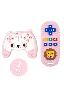 2er Set, Silikon Cartoon Bär Gamecontroller Beißring Spielzeuge, Baby beruhigende Zahnstufen, Löwenmuster Silikon simulierte TV Fernbedienung Lernbeißring Spielzeuge, Unterhaltende Gamecontroller Beißring Spielzeuge, perfekte sensorische Kau-Spielzeuge für 0-3-6-12 Monate Babys