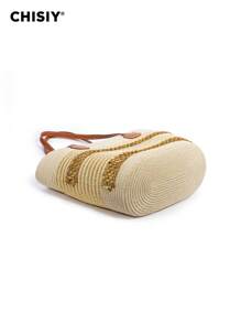 CHISIY Handmade Rattan Shoulder Bag, Elegant Woven Straw Tote Bag, Casual Vintage Fashion Spring/Summer Beige Backpack, Versatile Designer Affordable Large Capacity Practical Modern Handcrafted Tote For Work, Shopping, Travel, Dating, Weekend, Suitable For Women, Fashionista, Commuter, Valentine's Day, Mother's Day, Birthday, Anniversary, Graduation - Gold - View 8