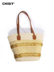 CHISIY Handmade Rattan Shoulder Bag, Elegant Woven Straw Tote Bag, Casual Vintage Fashion Spring/Summer Beige Backpack, Versatile Designer Affordable Large Capacity Practical Modern Handcrafted Tote For Work, Shopping, Travel, Dating, Weekend, Suitable For Women, Fashionista, Commuter, Valentine's Day, Mother's Day, Birthday, Anniversary, Graduation - Gold - View 5
