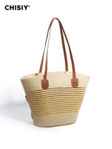 CHISIY Handmade Rattan Shoulder Bag, Elegant Woven Straw Tote Bag, Casual Vintage Fashion Spring/Summer Beige Backpack, Versatile Designer Affordable Large Capacity Practical Modern Handcrafted Tote For Work, Shopping, Travel, Dating, Weekend, Suitable For Women, Fashionista, Commuter, Valentine's Day, Mother's Day, Birthday, Anniversary, Graduation - Gold - View 7