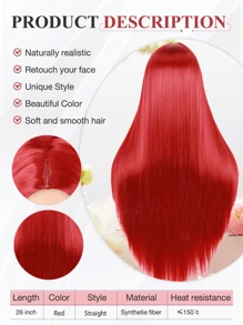 Peluca larga y recta de cabello rojo con raya al medio, peluca sintética de sirena de color para Halloween, cosplay sin encaje con apariencia natural, peluca roja para mujeres y niñas, peluca de reemplazo de cabello natural para uso diario, fiesta y disfraz de Halloween - Rojo - Ver 3