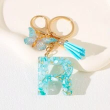 Llavero con letra del alfabeto en azul cielo con flecos de mariposa, llavero con inicial de piedra de resina con mosquetón - Accesorio decorativo de llavero para mujer, niña, mochila, colgante, accesorios para bolso, cordones con portaidentificación, accesorios para coche, encantos para bolso, regalo de Navidad, regalo para maestra, amiga, hermana - Multicolor - Ver 29