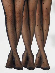 3pairs Polka Dot Pattern Black Tights For Women - Black - View 1