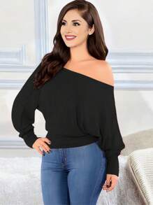 Camiseta Suéter Hombros Descubiertos Casual Para Mujer - Negro - Ver 1
