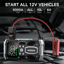 ACEZUK Portable Car Jump Starter With Air Compressor, ACEZUK 150PSI 5000A Jump Starter (All Gas/10.0L ), 12V Car Battery Jump Box Car Battery Jumper Starter With 3.4" LCD Display, 2 Lights - màu đen - Xem 4