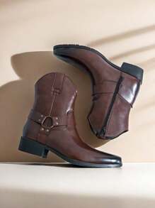 Western Cowboy Boots With Side Zipper Pointed Toe Mid-Calf Men Boots - Brown - View 3