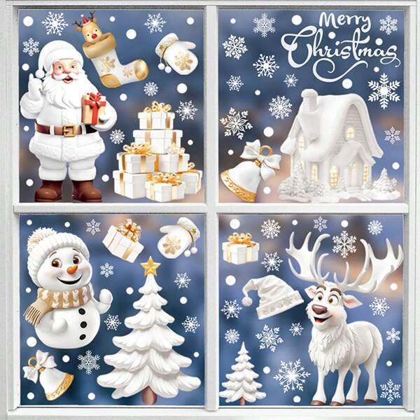 Adesivos de Janela de Natal, Decalques de Janela 3D de Natal Branco Adesivos de Janela de Natal de Dois Lados para Decorações de Janela de Natal (9 Folhas), Natal