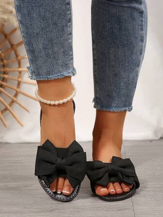 Plusstorlek Rundad tå Rosettdekor Dam Slip-On Tofflor, Eleganta Avslappnade Strandsandaler, Sommar