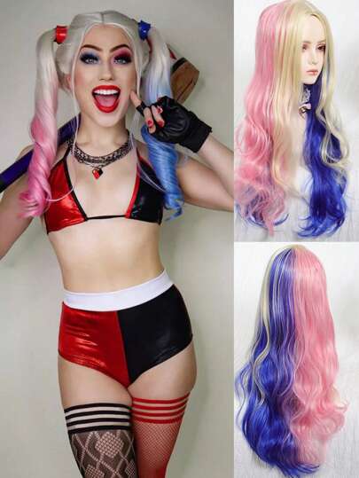 باروكة بألوان متعددة (أزرق، وردي، أشقر) مجعدة بطول 28 بوصة مع جدائل للحفلات والهالوين، باروكة تركيبية مقاومة للحرارة للنساء