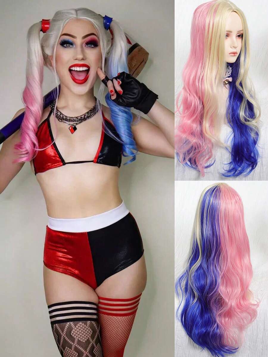 Tóc giả dài 28 inch, kiểu gợn sóng, xoăn nhiều màu xanh dương, hồng, vàng, thích hợp cho cosplay, có mái, dùng cho Halloween, làm từ chất liệu tổng hợp chịu nhiệt, dành cho nữ.