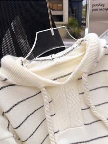 JIANHU 春季新款条纹针织连帽衫 女式宽松休闲套头毛衣外套 时尚上衣 白色 - 白色 - 查看 4