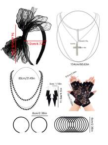 Forever & Moment 7 件女式 80 年代服装霓虹配饰套装闪电耳环项链蕾丝花手套头饰 90 年代主题复古派对万圣节装饰礼物圣诞节舞会 - 多色 - 查看 6