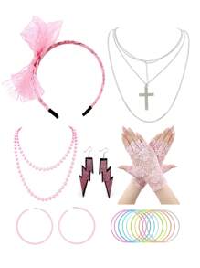 Forever & Moment 7 件女式 80 年代服装霓虹配饰套装闪电耳环项链蕾丝花手套头饰 90 年代主题复古派对万圣节装饰礼物圣诞节舞会 - 多色 - 查看 8