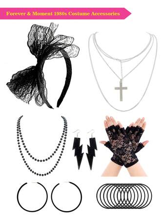 Forever & Moment 7 PCS Women's 80s Clothing Costume Neon Accessories Set Lightning Earrings Necklace Lace Floral Gloves Headband 90s Theme Retro Party Halloween Decorations Gift Christmas Prom