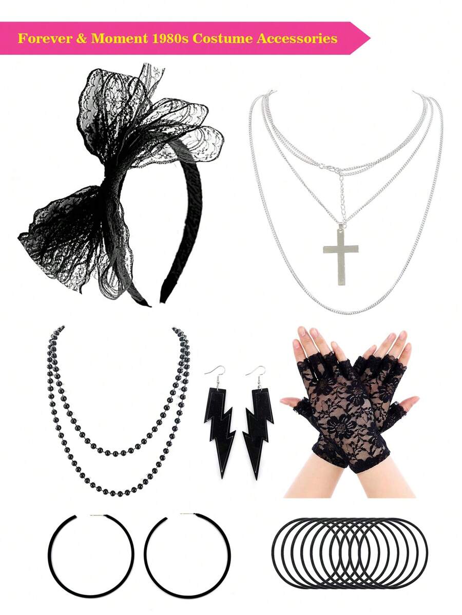 Forever & Moment 7 件女式 80 年代服装霓虹配饰套装闪电耳环项链蕾丝花手套头饰 90 年代主题复古派对万圣节装饰礼物圣诞节舞会 - 多色 - 查看 1