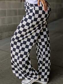 女式格纹印花高腰口袋阔腿休闲裤 - 黑與白 - 查看 3