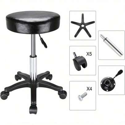 Round Rolling Stool Chair PU Leather Adjustable Swivel Stool 360° Rotatable Hydraulic SPA Salon Tattoo Work Office Chair Modern Industrial Metal Style Work Massage Stools On Wheels (Black)