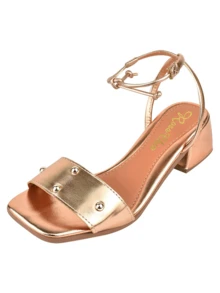 Women's Sandals Low Heel 5cm Block Cross Straps Tie Square Toe Rhinestone Shine Glow Fashion New - 銅色 - 查看 2
