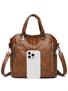 大容量软皮女士单肩斜挎包时尚女士手提包多功能软皮背包 - 棕色 - 查看 6