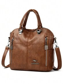 大容量软皮女士单肩斜挎包时尚女士手提包多功能软皮背包 - 棕色 - 查看 8