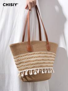 CHISIY 手工编织藤条单肩包、手提包、沙滩包、水桶包、复古休闲经典款、设计师素食包、价格实惠、流苏手工包、工作包、旅行海滩学校/大学休闲包，适合女性、青少年、妈妈、职业女性、旅行者、时尚爱好者、通勤者、大学生、情人节、母亲节、生日、周年纪念日、毕业典礼 - 卡其色 - 查看 2
