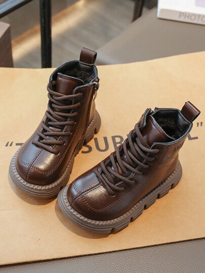 1 par de botas de cano baixo versáteis da moda infantil, cadarço e fecho de zíper lateral, botas de inverno para meninos e meninas