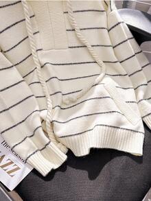 JIANHU 春季新款条纹针织连帽衫 女式宽松休闲套头毛衣外套 时尚上衣 白色 - 白色 - 查看 5