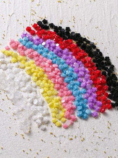 100颗仿珍珠光泽玫瑰山茶花樱花3D尺寸彩色混搭卡通迷你无味树脂美甲水钻扁平白色黑色粉色紫色蓝色黄色红色和极光透明系列款式一包三维立体花朵金色钢珠混搭可爱Y2K多色混搭可爱简约风格混合树脂美甲装饰套装美甲用品