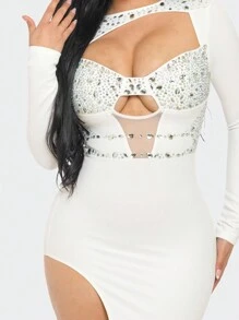 Spring & Summer Elegant Rhinestone Cut-Out Long Sleeve Bodycon Dress - High Slit Maxi Gown With Mesh Details For Evening Parties, Weddings & Special Events - 白色 - 查看 3