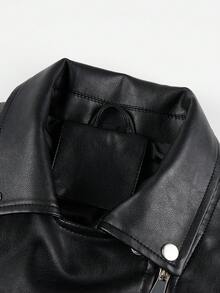 Women's Simple And Fashionable Faux Leather Jacket For Fall And Winter With Warmth And Belt Included - Black - View 4