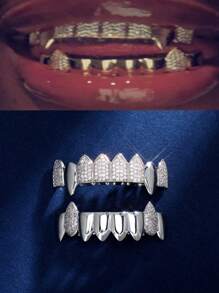 1-2件朋克嘻哈风格镀金铜锆石牙套，吸血鬼牙齿装饰，男女皆宜，适合日常佩戴和角色扮演派对 - 無色 - 查看 2